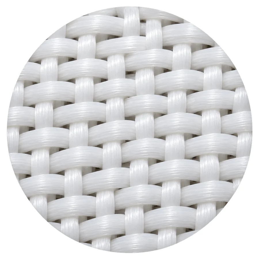 Magnified disc of plain woven base fabric in undyed white monofilament