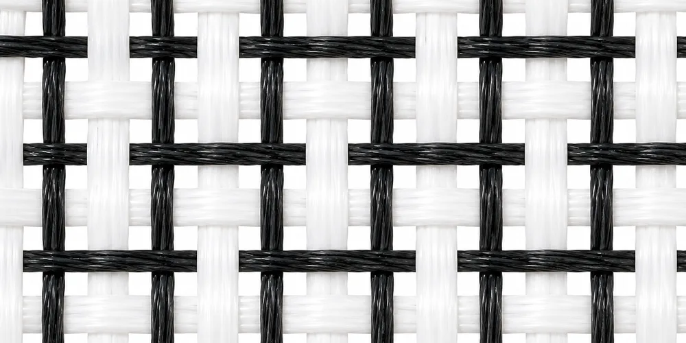 Close-up of woven filter fabric with black conductive yarns forming a grid in both warp and weft directions