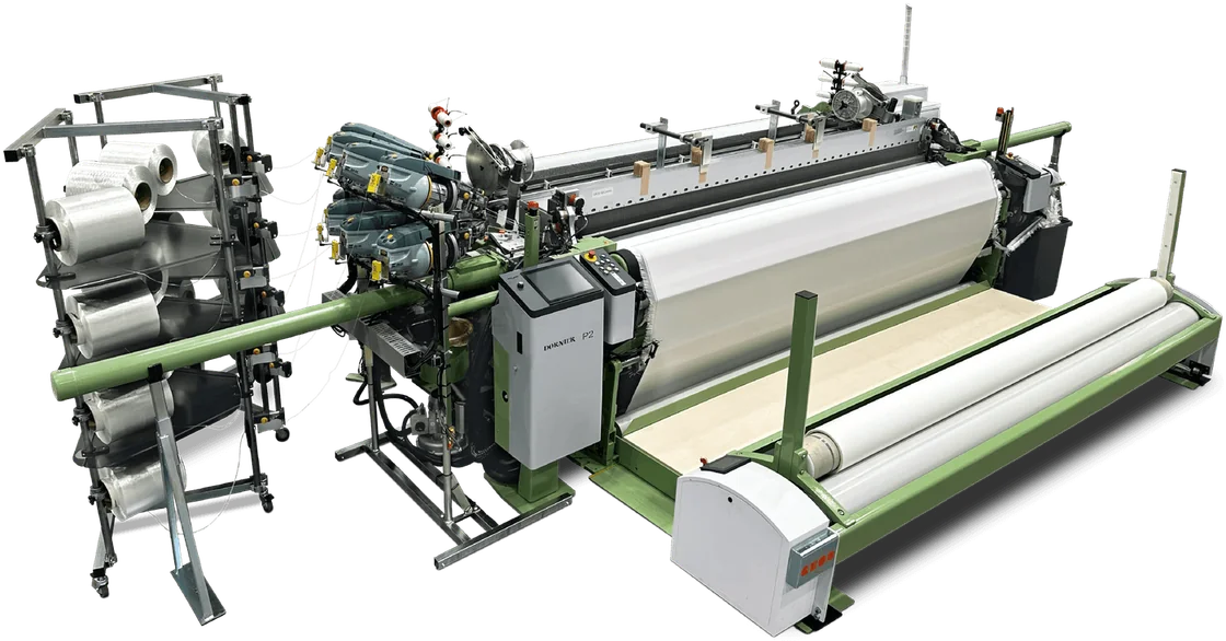 Dornier P2 rapier weaving machine with creel and cloth take-up, as used on the DFR weaving floor