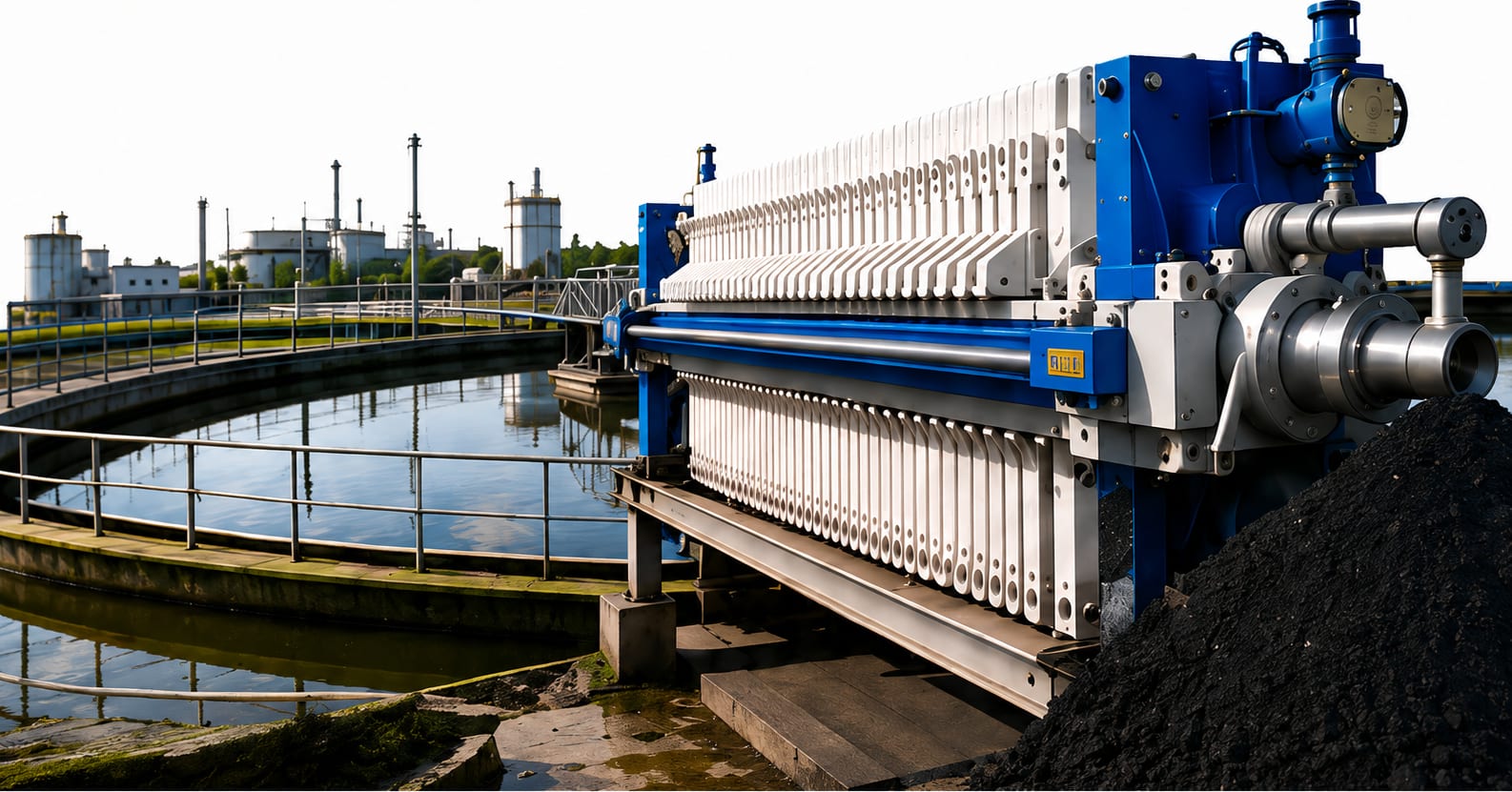 Blue filter press dewatering sludge beside a clarifier at an effluent treatment plant