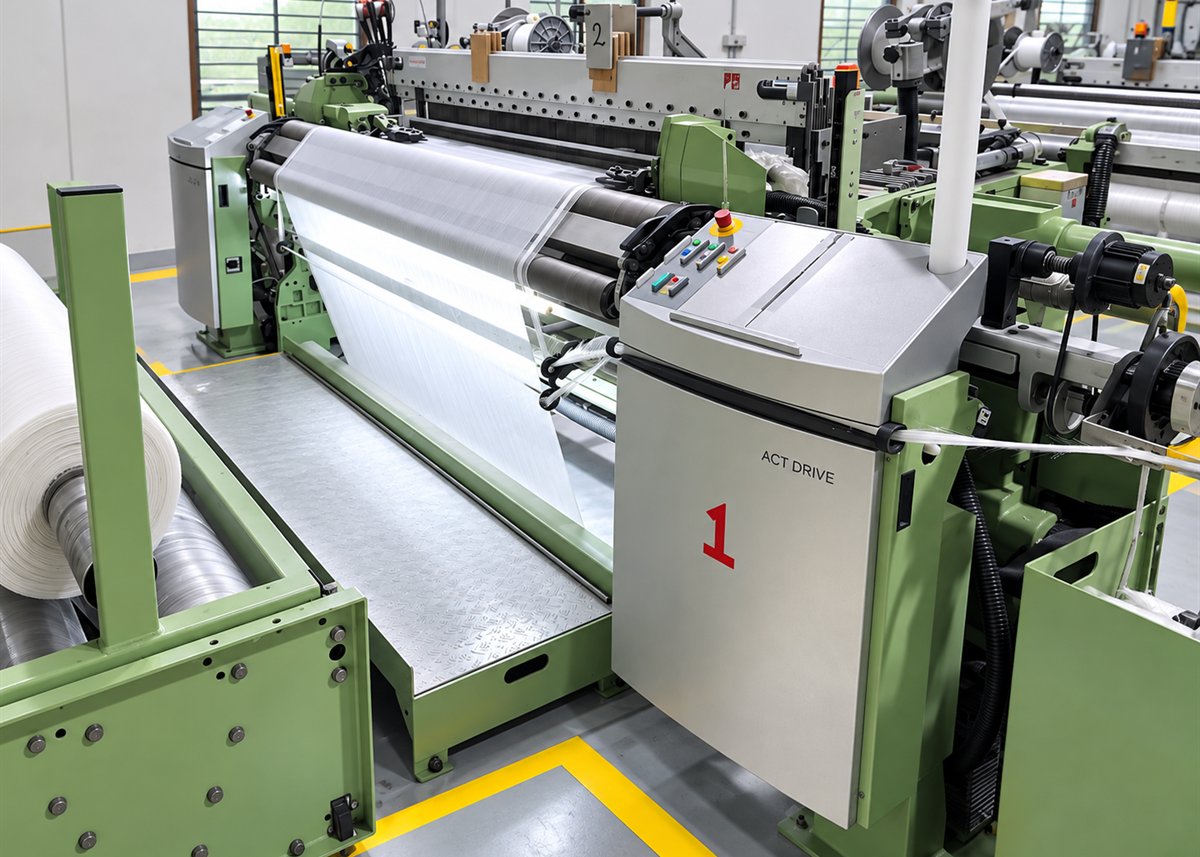 Rapier loom at DFR weaving filtration fabric, cloth take-up roll in the foreground