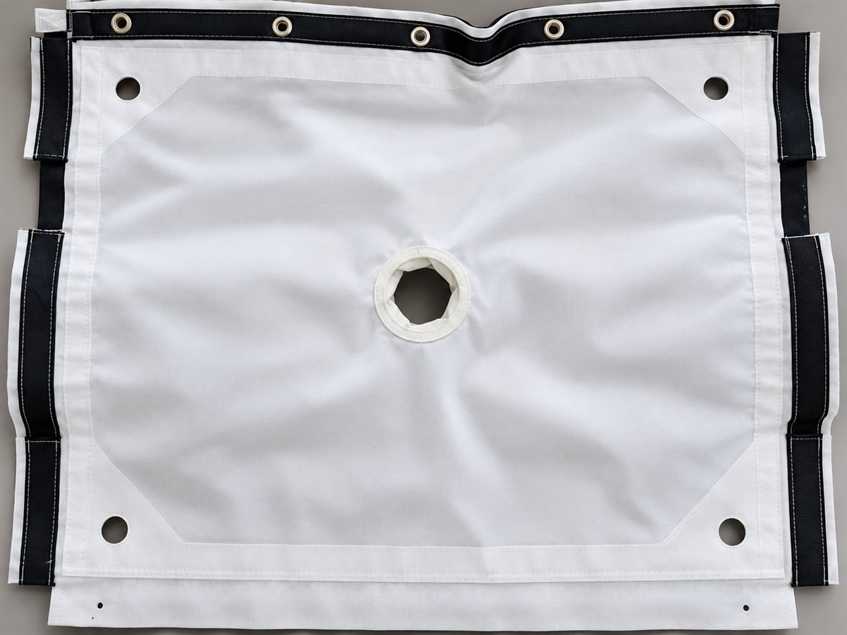 DFR filter press cloth with velcro fastening strips down both sides and eyelets at the corners
