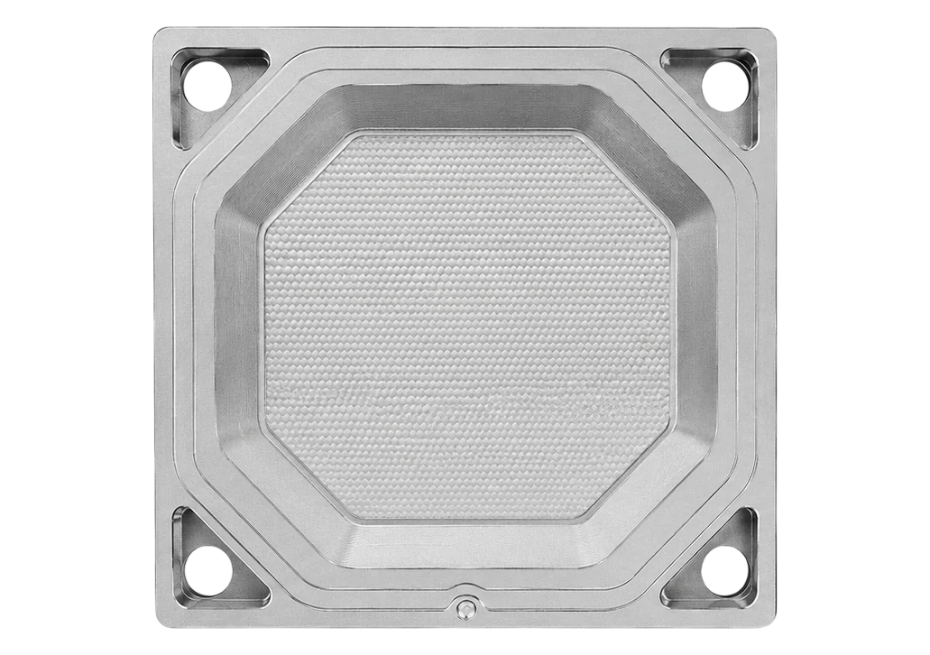 Recessed chamber filter plate, octagonal recess and four corner ports