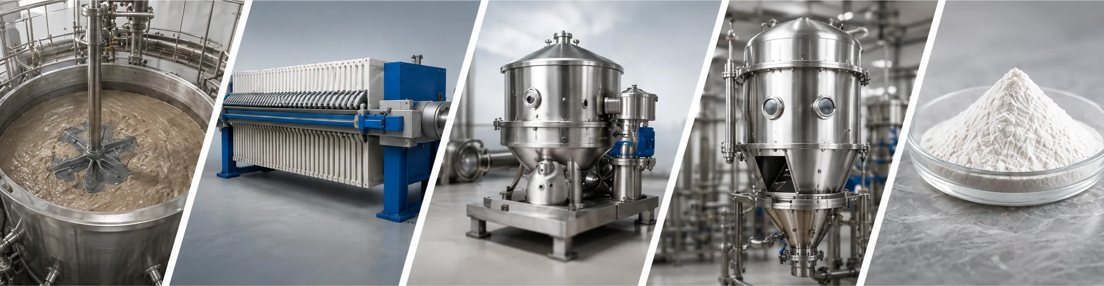 Five stages across one process line — agitated vessel, filter press, centrifuge, fluid bed dryer and finished dry powder