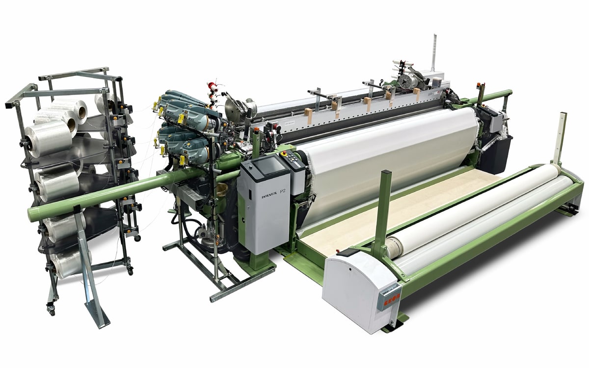 Dornier P2 rapier weaving machine with creel and cloth take-up