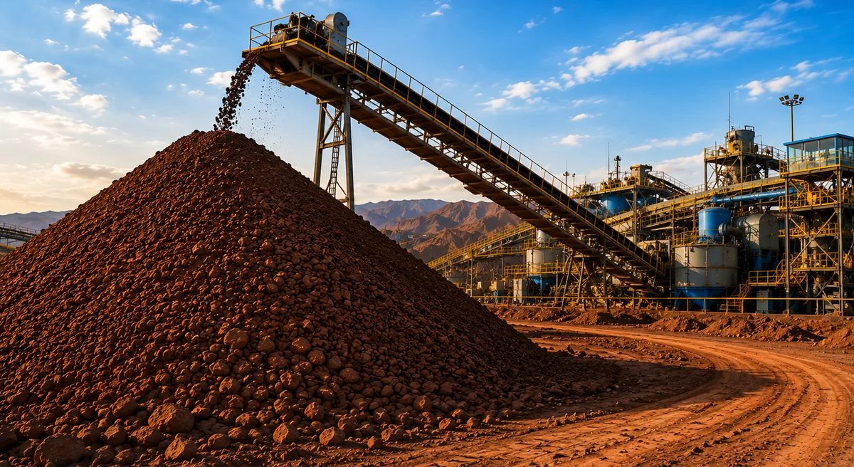 Iron ore concentrate stockpile being fed by conveyor beside a processing plant