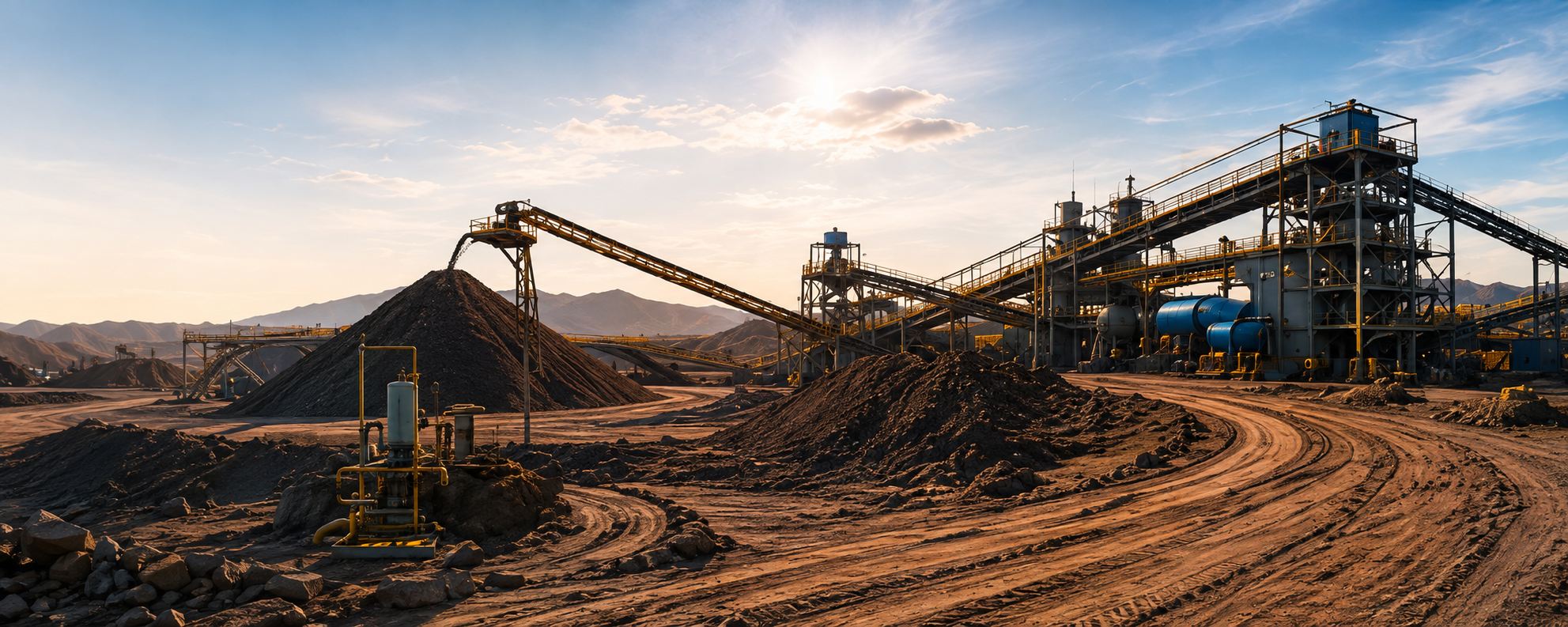 Iron ore beneficiation plant with conveyors, ore stockpiles and process tanks