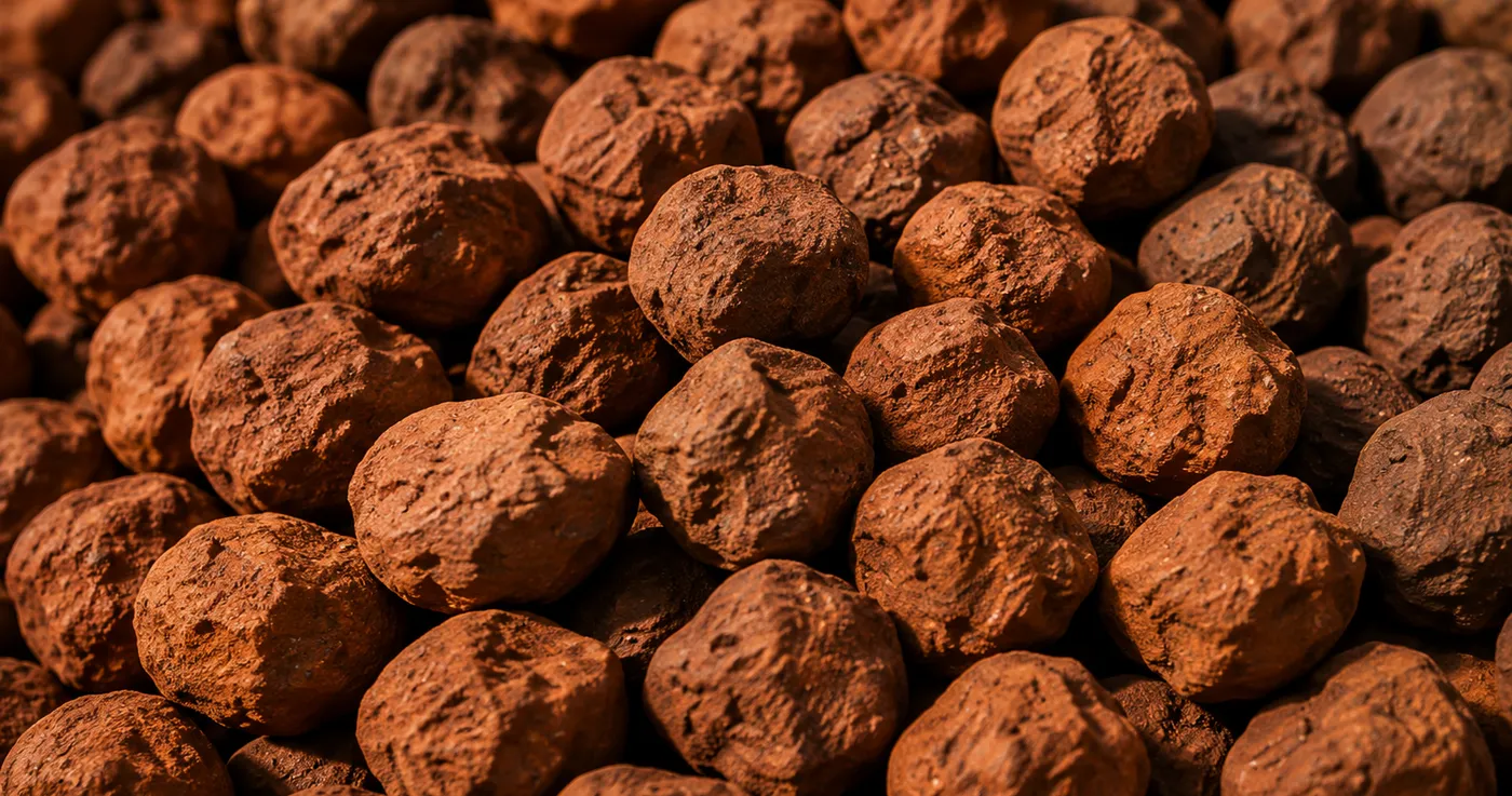 Close-up of iron ore pellets produced from filtered concentrate