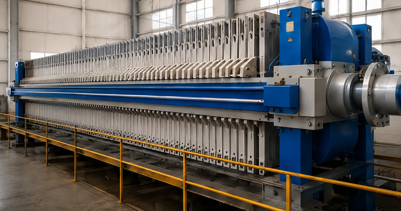 Large recessed chamber filter press dewatering iron ore concentrate on a plant floor