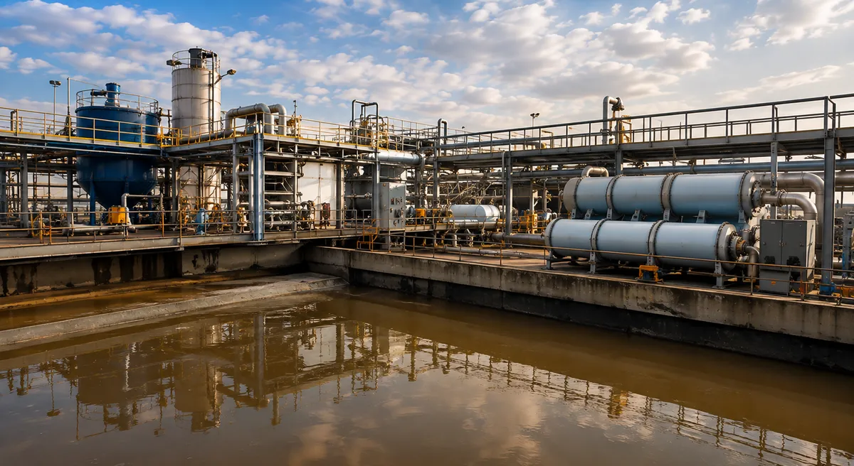 Process water recovery plant — clarifier basin alongside pipework, vessels and heat exchangers