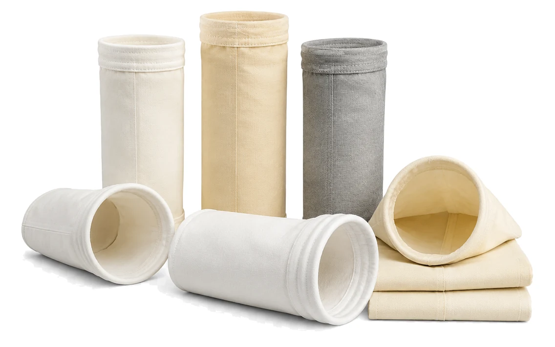 Dust collector filter bags in polyester, aramid and PPS, standing and folded