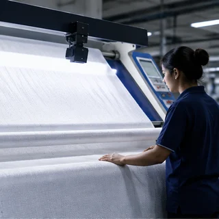 Operator checking woven fabric over the backlit screen of a rolling cum inspection machine