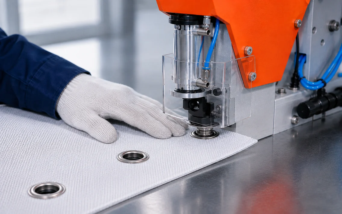 Fepatex automatic eyelet punching machine setting an eyelet, previously set eyelets alongside