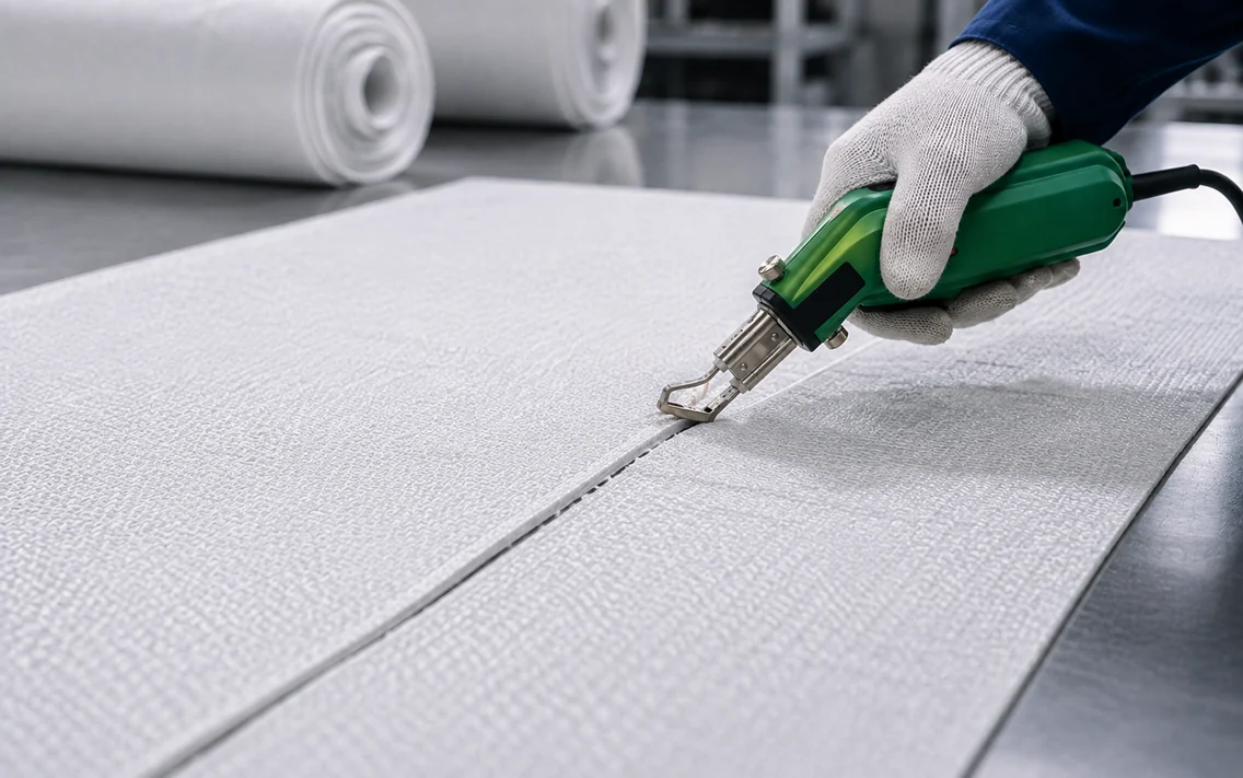 HSGM hot-air thermal cutter sealing the edge as it cuts filter fabric