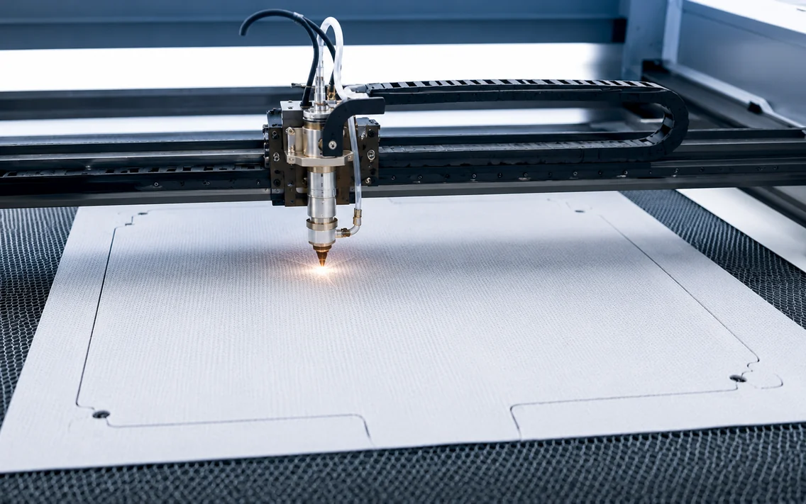 Laser cutting head cutting a filter panel to a DWG profile on a honeycomb bed