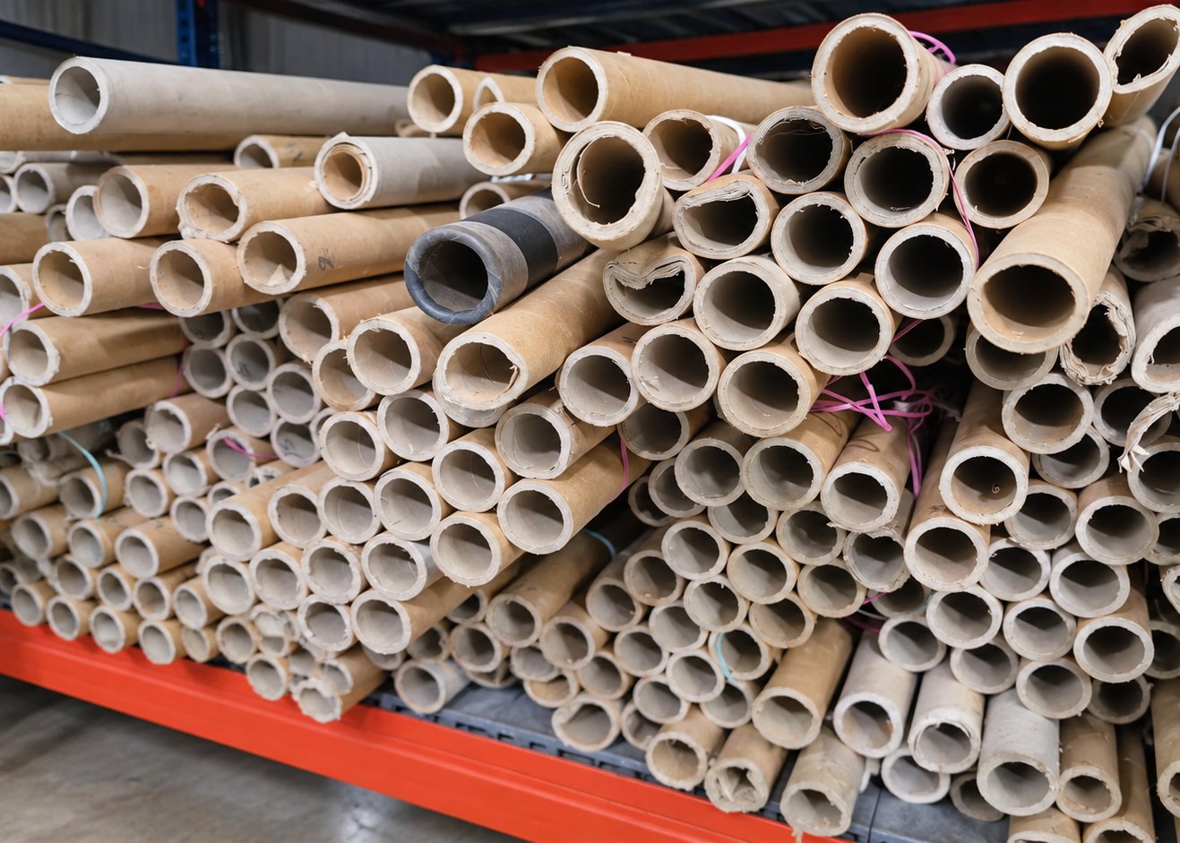 Racked stock of heavy-duty paper tubes seen end on, the thick wound walls visible at every cut end