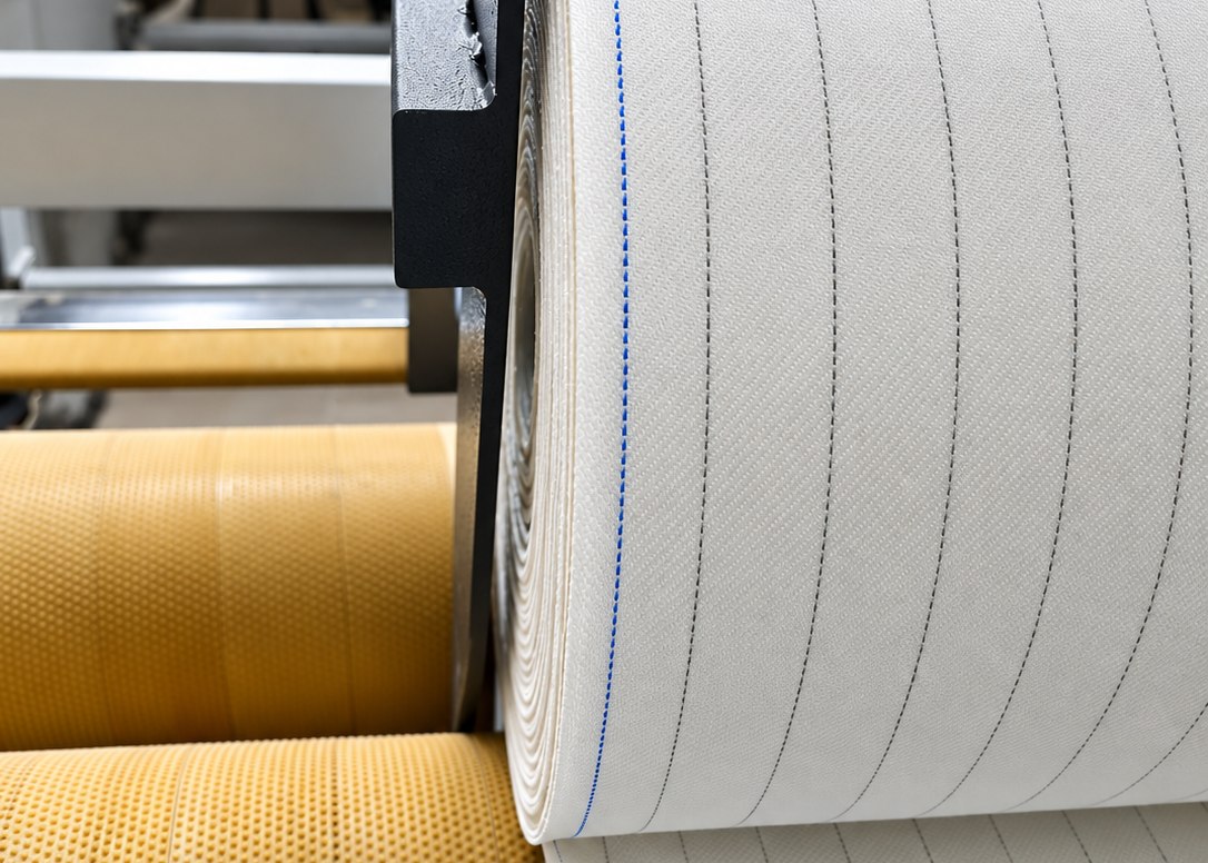 Filtration fabric winding onto a roll at DFR, the layers stacked flush at the roll face, conductive stripes and blue selvedge running the length