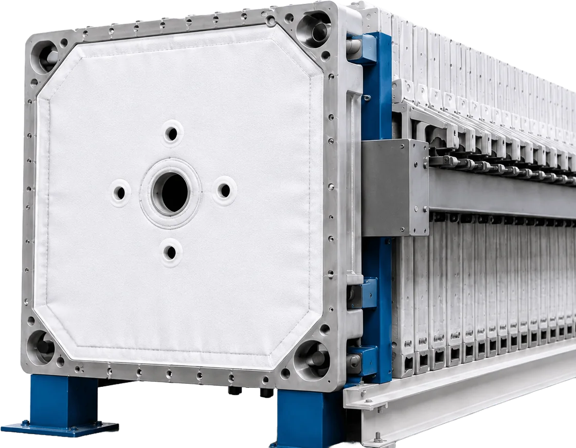 Recessed chamber filter press dressed with DFR filter press cloths, head plate in front of the full plate pack