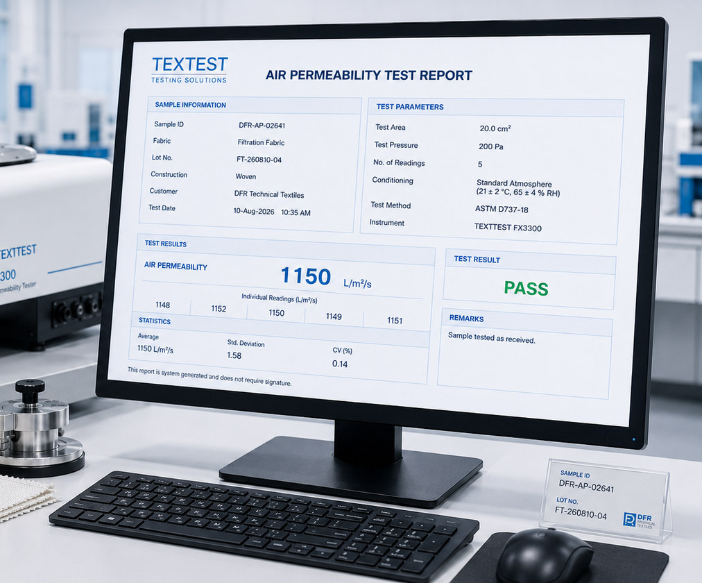 Air permeability test report on screen in the DFR laboratory, showing the lot number, ASTM D737-18 method and a passing result