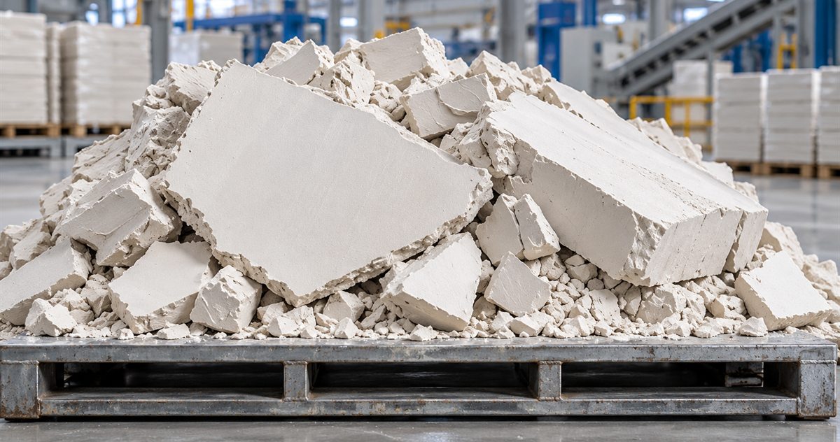 Pile of broken white ceramic body cake slabs on a steel pallet in a ceramics factory