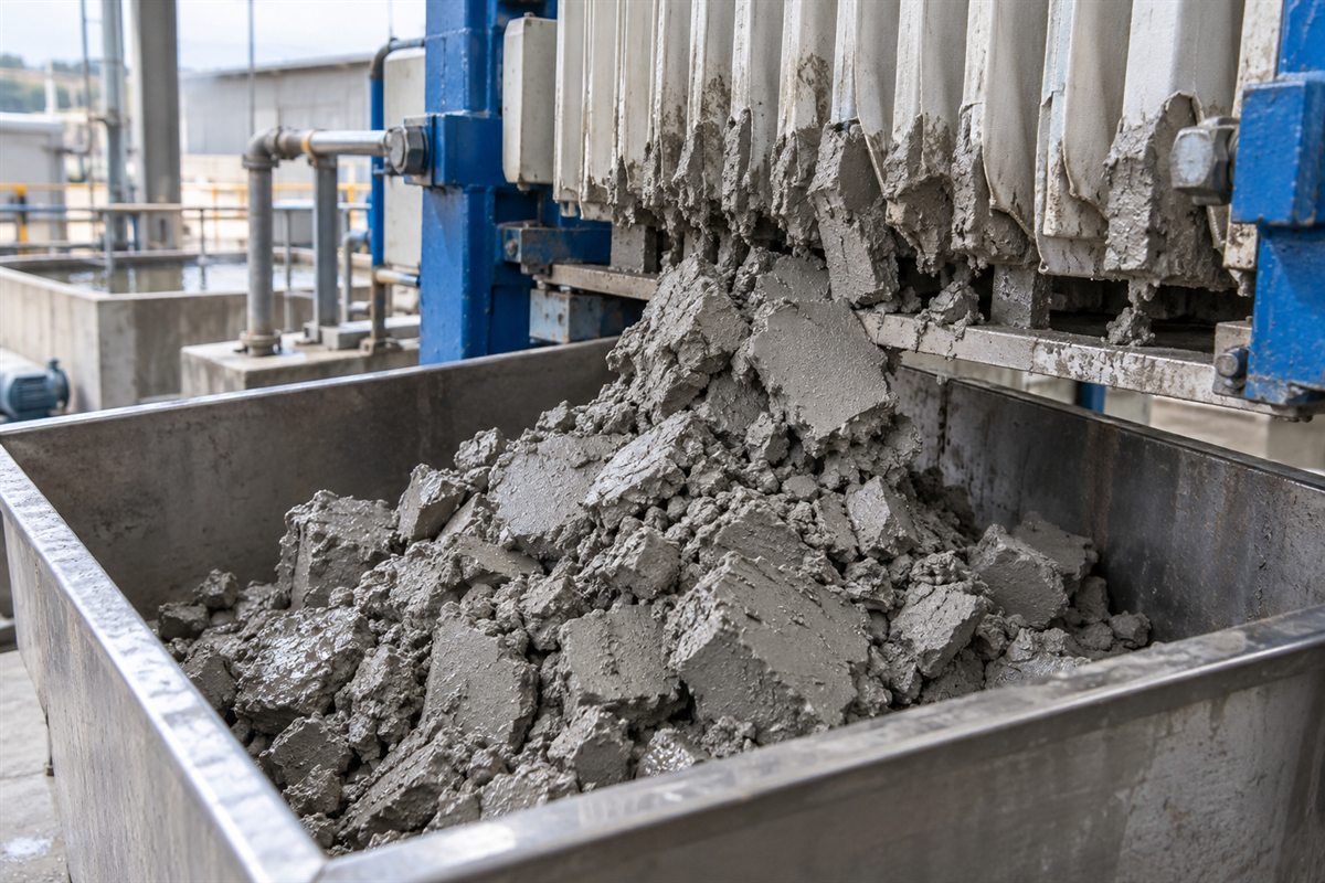 Grey ceramic effluent sludge cake dropping from a filter press into a steel skip