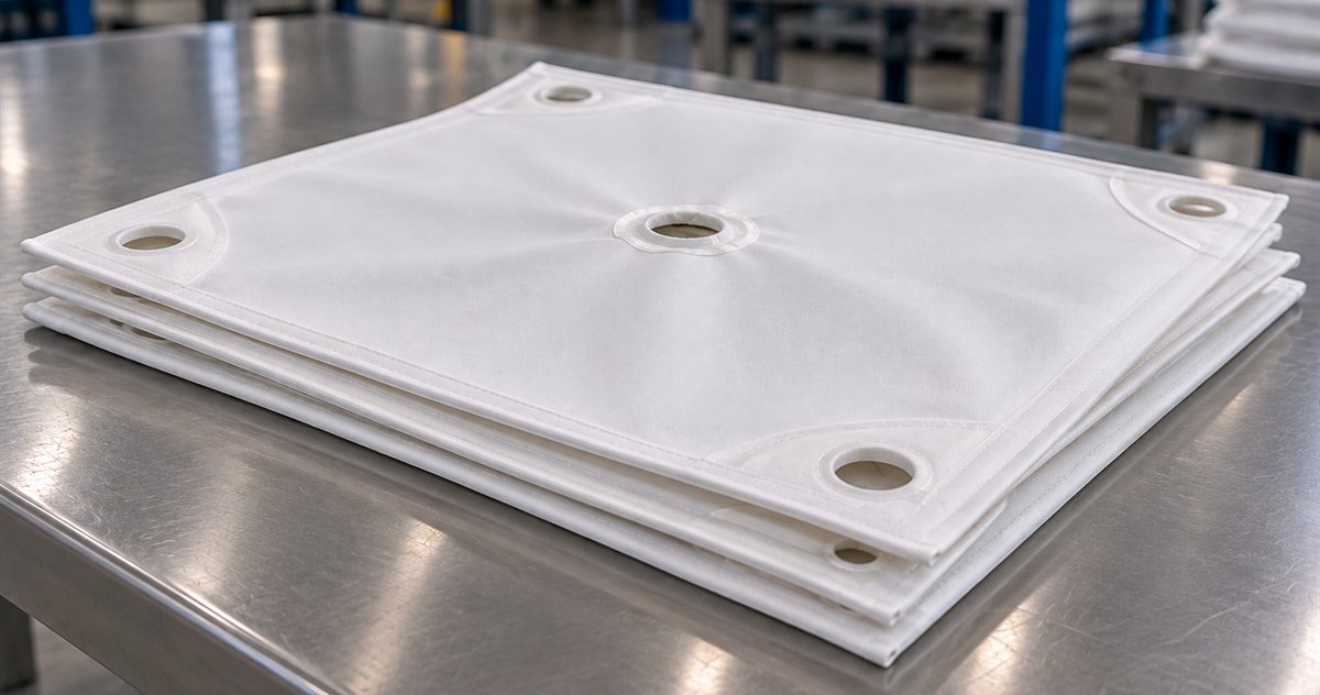 Stack of white filter press cloths with sealed edges, corner holes and a reinforced centre eyelet