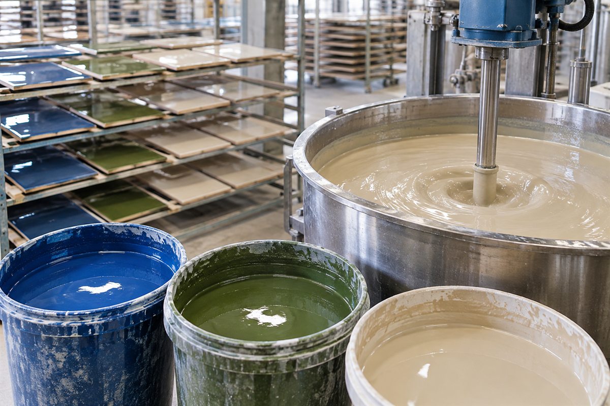 Buckets of blue, green and cream ceramic glaze beside a glaze mixing tank and racks of glazed tiles