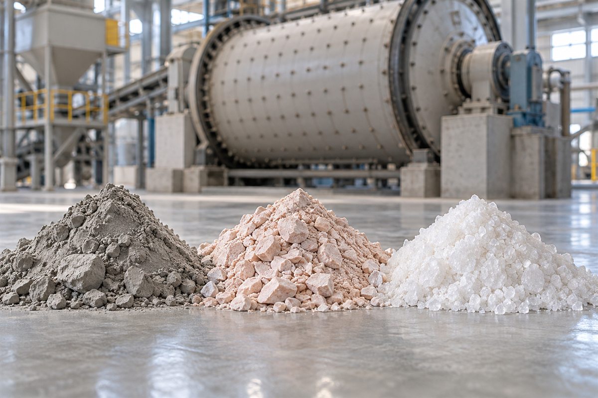 Heaps of grey clay, pink feldspar and white quartz in front of a ball mill