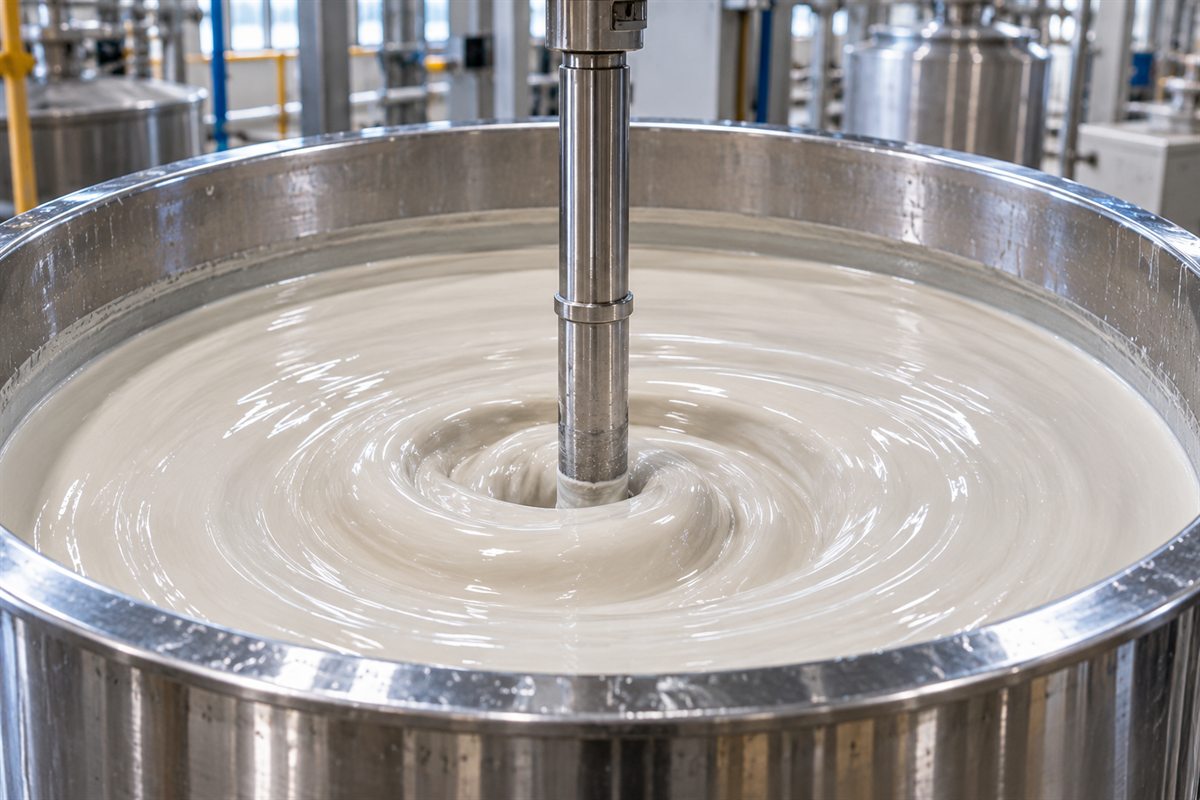 Agitator turning creamy white ceramic slip in a steel tank