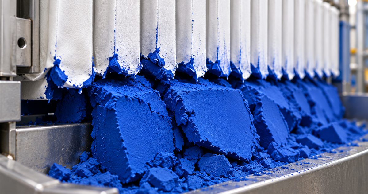 Blue pigment press cake dropping from between filter press plates