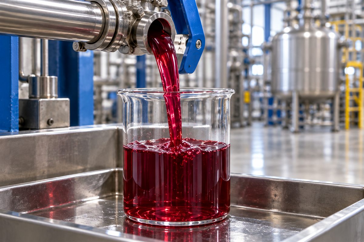 Clear red dye filtrate running from a pipe into a glass beaker