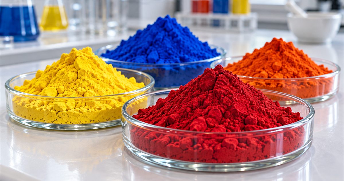 Red, yellow, blue and orange pigment powders in glass dishes on a laboratory bench