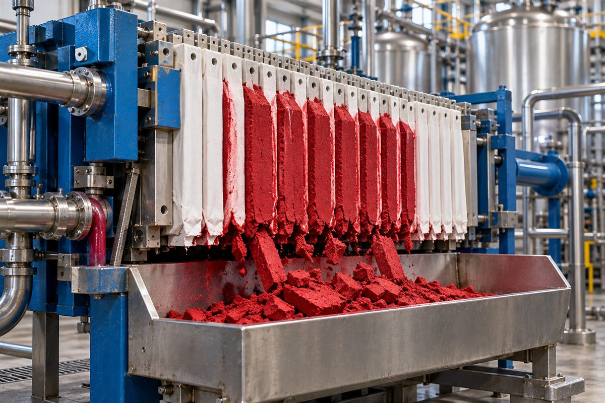 Opened filter press in a pigment plant, red pigment cake dropping off white filter cloths into a stainless steel tray