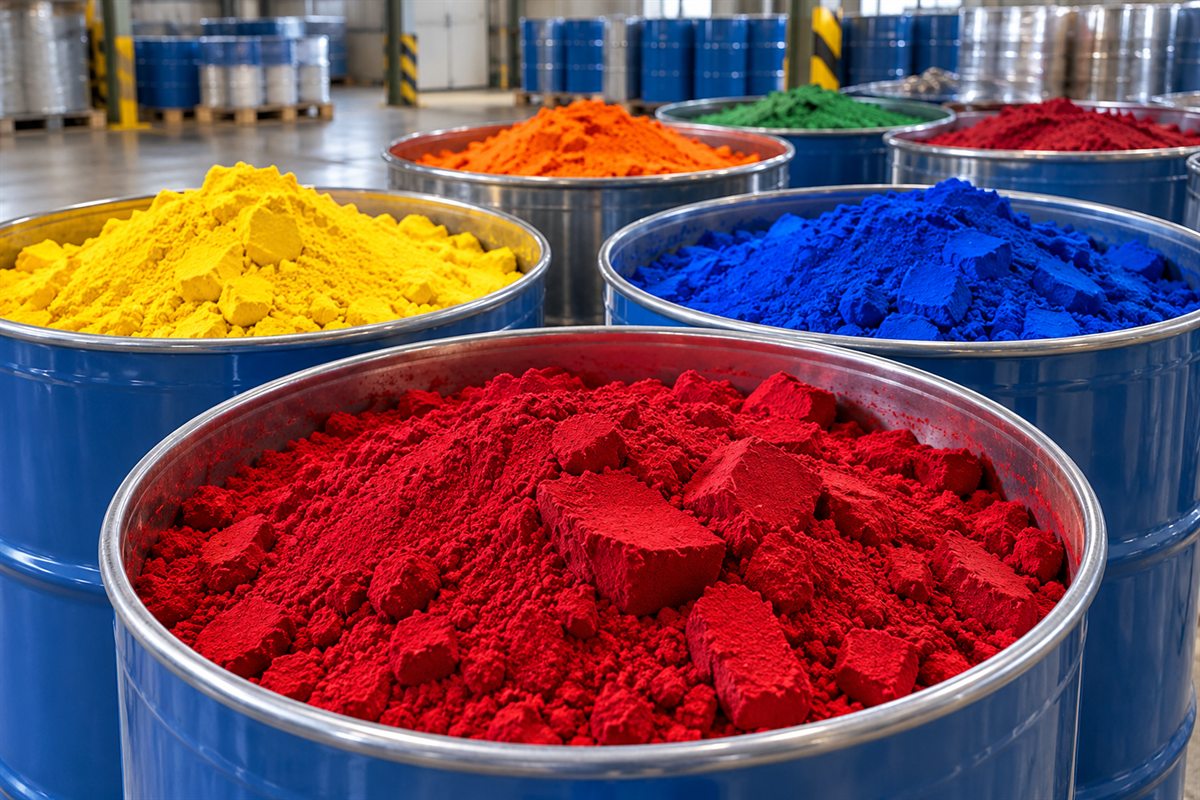 Open steel drums of red, yellow, blue, orange and green pigment powder in a plant warehouse
