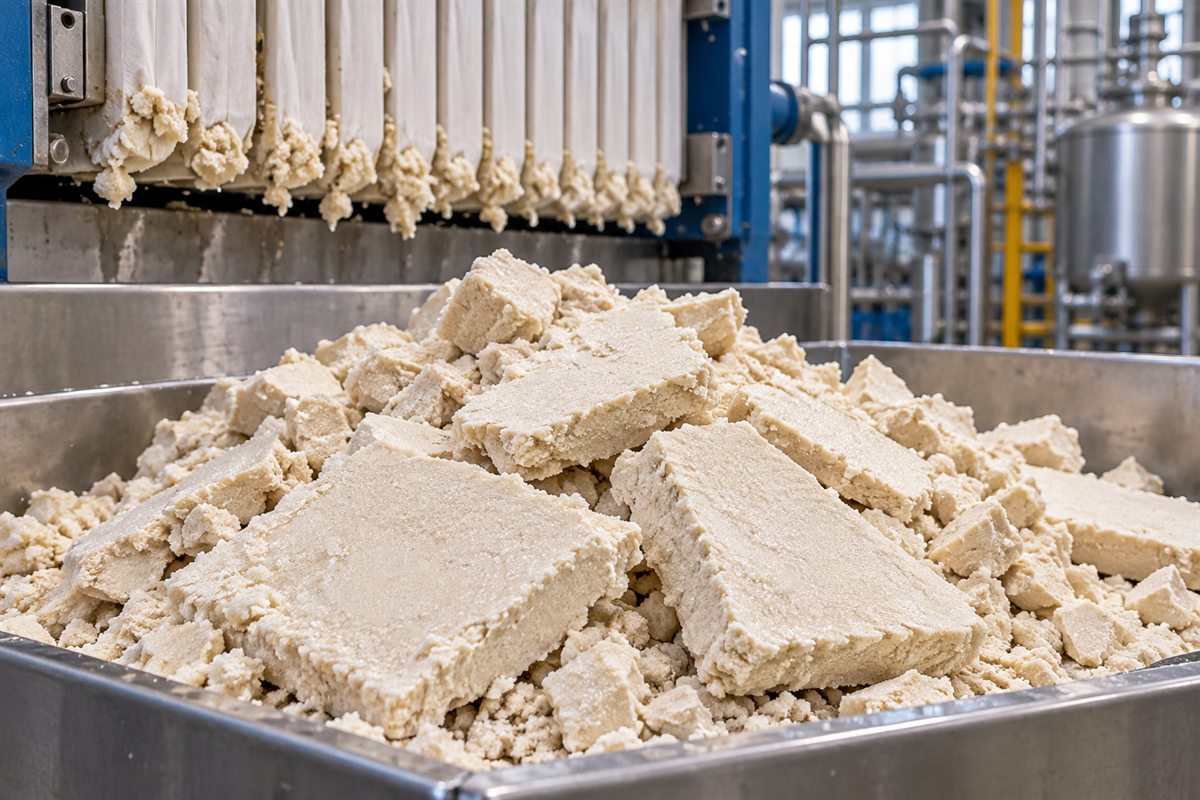 Slabs of off-white crystalline dye intermediate cake in a steel tray beside an opened filter press