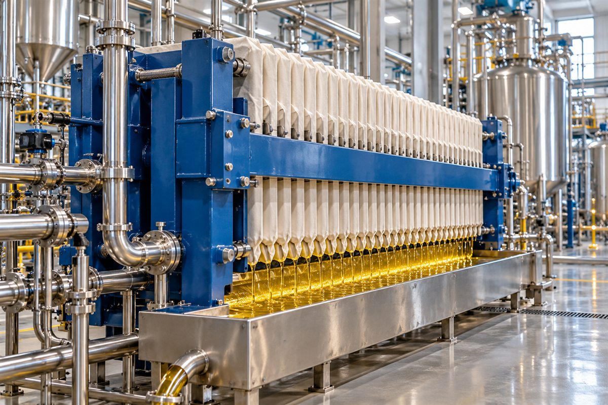 Blue-framed filter press with white plates running bright golden edible oil into its drip tray