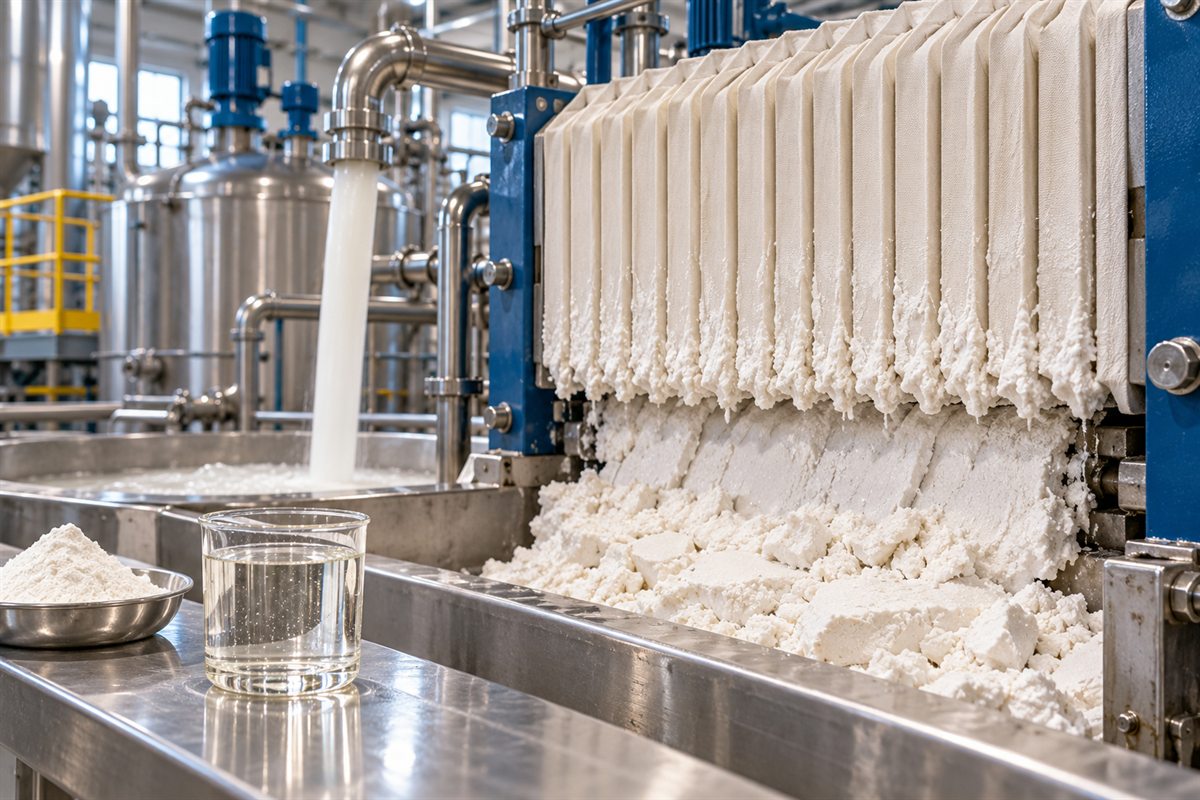 White starch cake discharging from a filter press, with a glass of clear glucose syrup on the bench in front