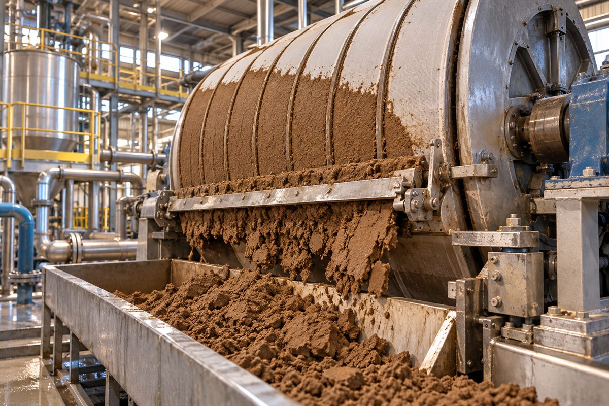 Rotary vacuum mud filter in a sugar mill, brown carbonatation mud cake being scraped off the cloth