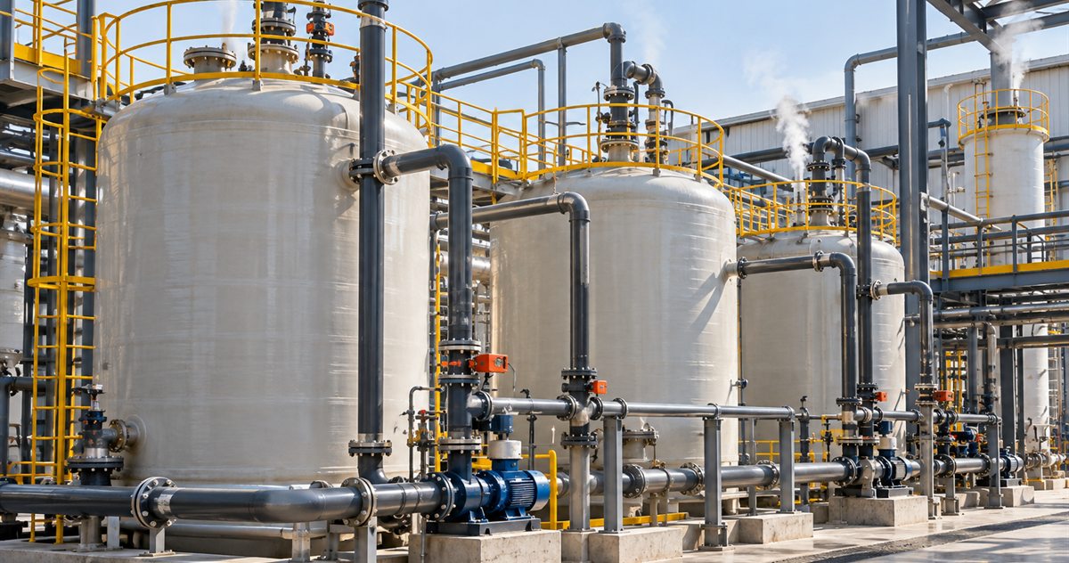 Acid storage vessels with corrosion-resistant pipework and yellow railings at an inorganic chemicals plant