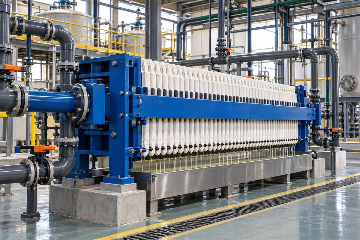 Blue-framed clarifying filter press with white plates and corrosion-resistant lined pipework in an inorganic chemicals plant