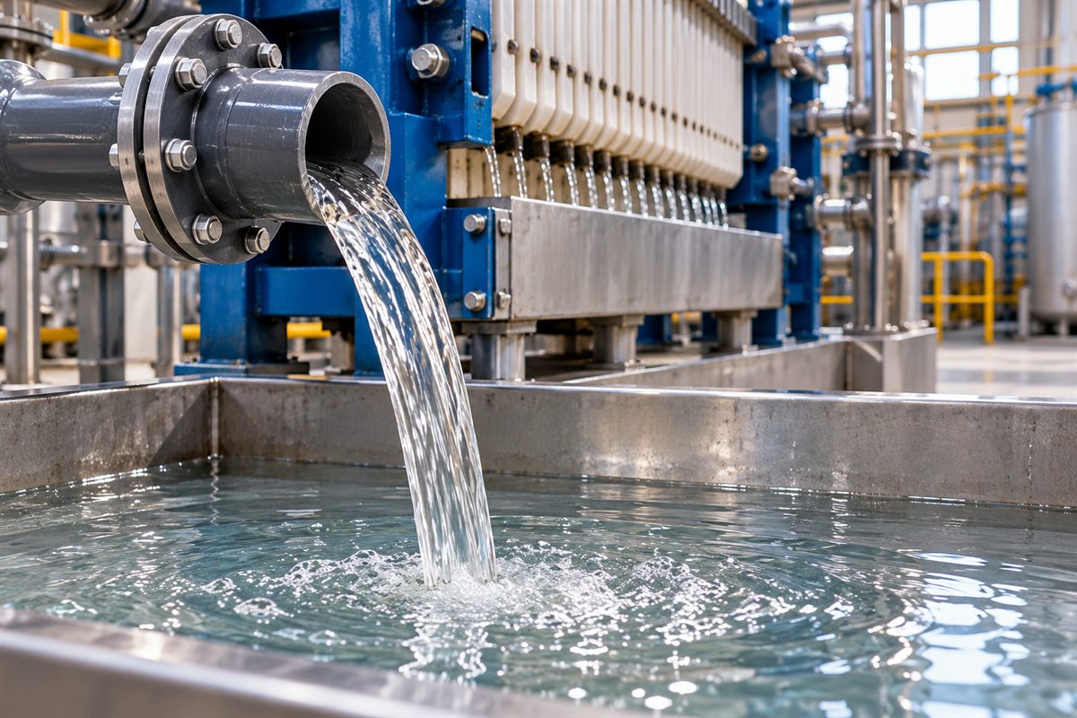 Clear, insoluble-free liquor pouring from a pipe into a stainless steel tank