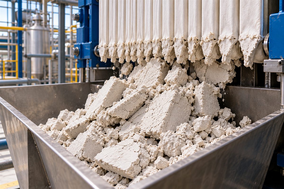 Pale sludge cake falling from filter press plates into a steel hopper