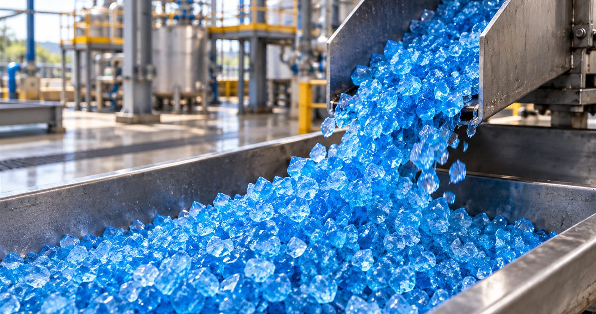 Blue copper sulphate crystals pouring down a stainless steel chute at an inorganic chemicals plant