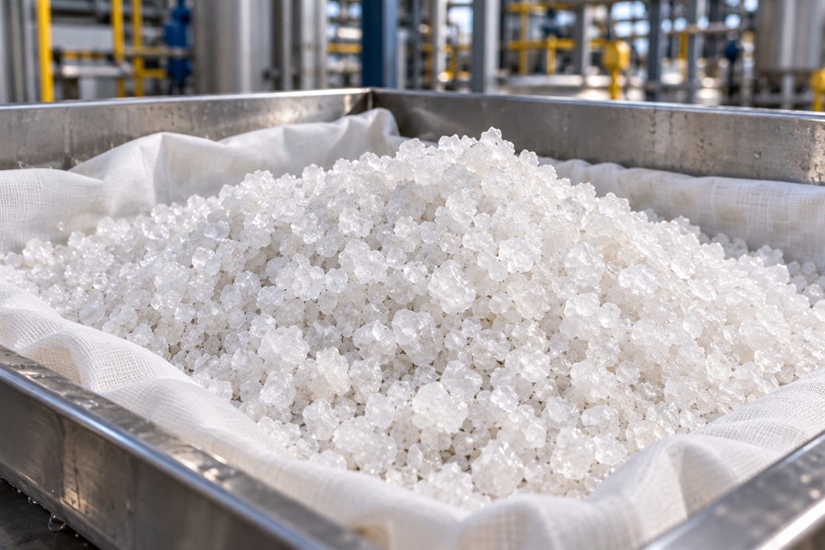 Recovered white metal salt crystals in a cloth-lined stainless steel tray