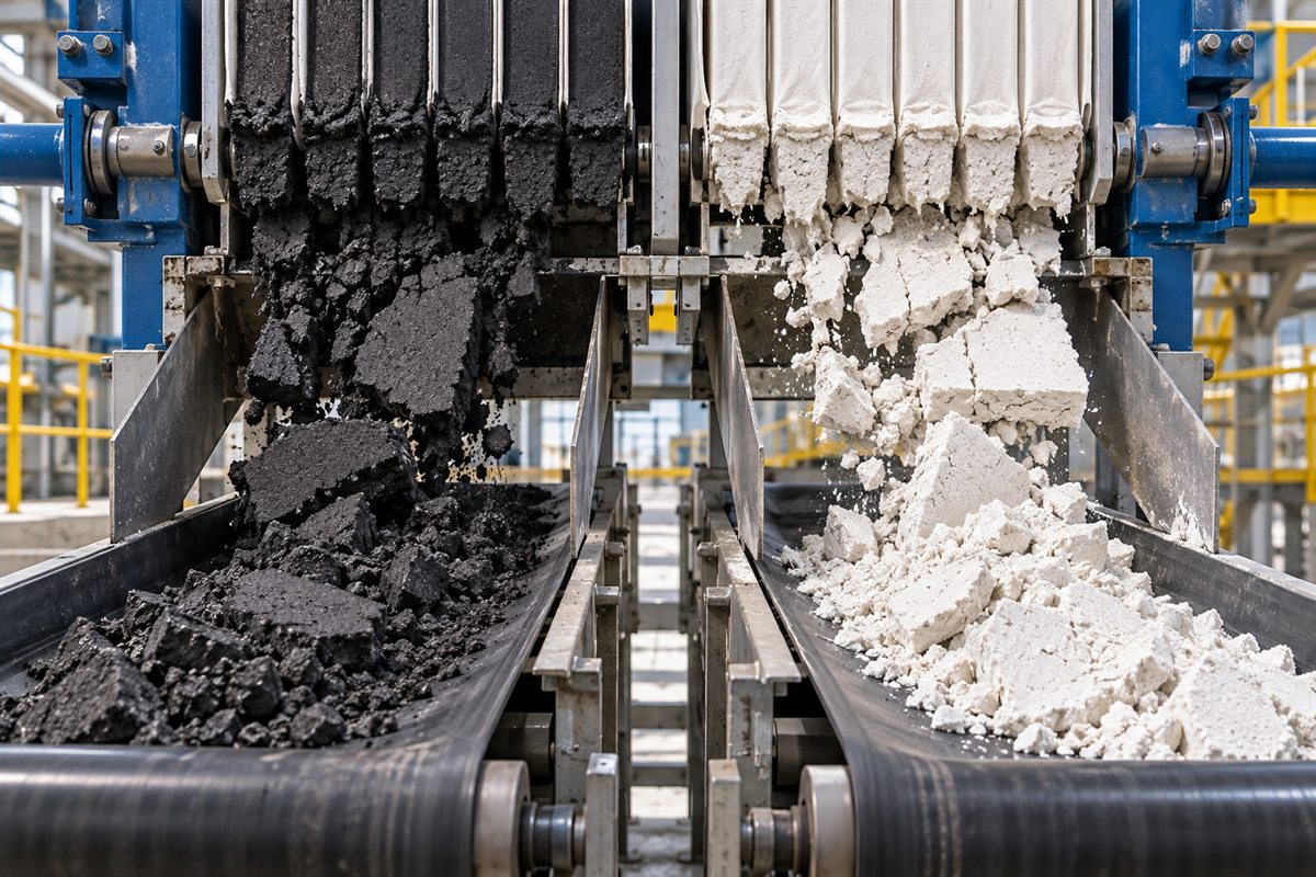 Two filter presses discharging black fine-coal cake and white kaolin cake onto conveyor belts
