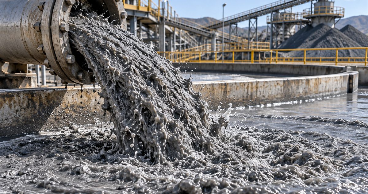 Grey mineral slurry pouring from a large pipe into a thickener channel