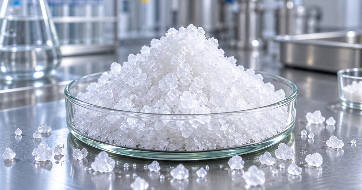 White crystalline API product in a glass dish on a stainless steel bench in a cleanroom laboratory
