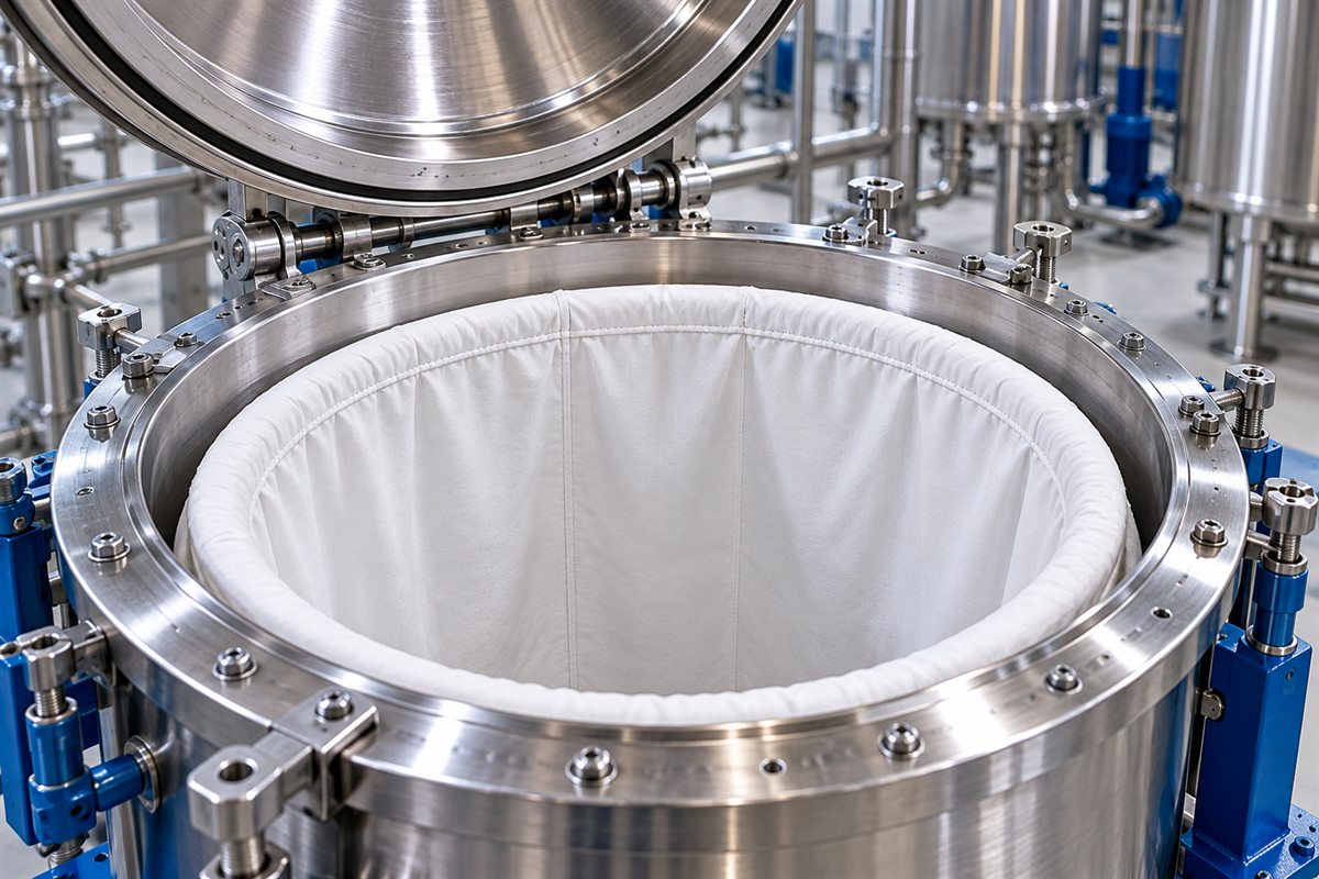 Close view into a stainless steel basket centrifuge lined with a white filter bag, seams and top edge visible