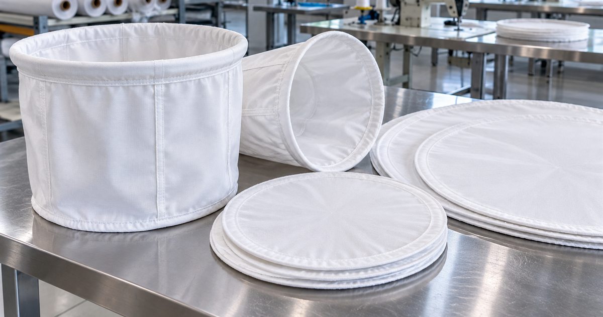 White centrifuge filter bags and round sealed-edge Nutsche filter discs on a stainless table in a stitching workshop
