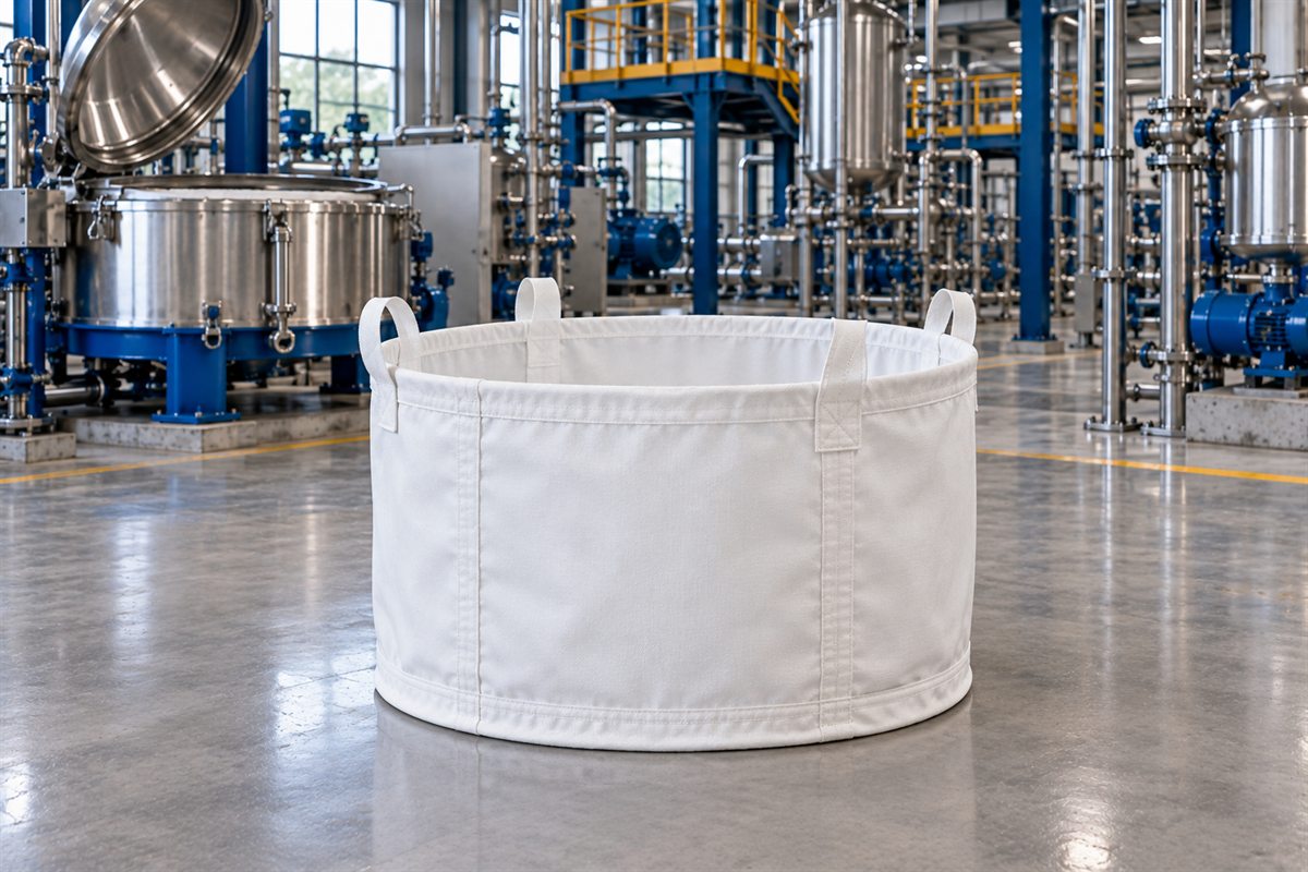White woven centrifuge filter bag with sewn seams and lifting loops standing on a chemical plant floor